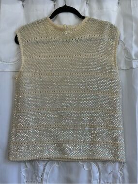 Ivory Sequin Knit Tank Sleeveless Sparkle Top Boho Coastal Chic Glam—Medium